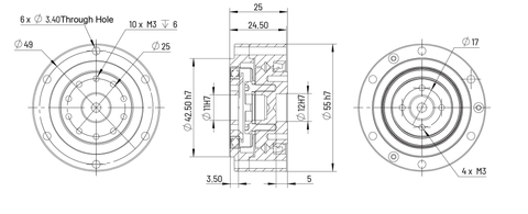 Technical drawing of CD-14 Φ55mm Harmonic Drive Gear Ratio 30:1 - Strain Wave Gear Reducer with dimensions.