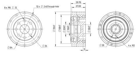 Technical drawing of CD-20 Φ70mm Harmonic Drive Gear Ratio 100:1 - Strain Wave Gear Reducer dimensions and design.