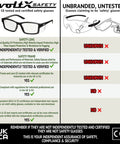 Comparison chart of CE certified Voltx safety glasses vs unbranded glasses, highlighting testing, material quality, and certifications.