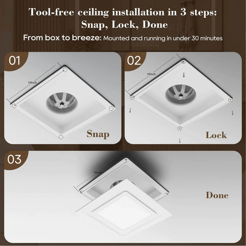 Ultra Quiet 12 Inch Bathroom Exhaust Fan With 6500K LED Light, 120 CFM, 1.0 Sone, 10x10 Mount, Energy Efficient Ceiling Ventilation With 1500 LM Output By Gopper shown in a three-step installation process.
