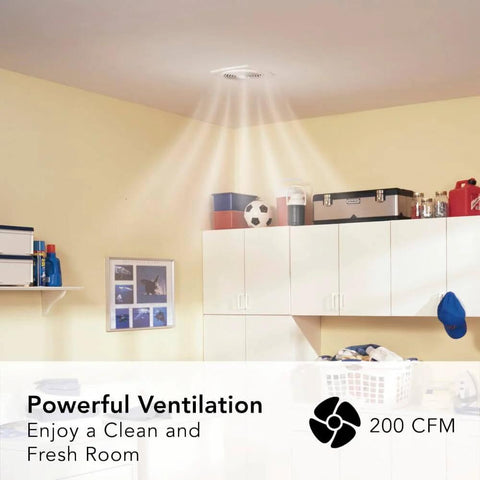 High Performance Ceiling Exhaust Fan 200 CFM 8.5 Sones White Vertical Discharge installed in a laundry room ceiling
