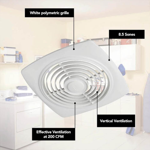 High Performance Ceiling Exhaust Fan 200 CFM 8.5 Sones White Vertical Discharge Ceiling Ventilation Fan With Polymeric Grille