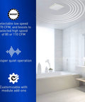 Whisper Quiet Dual Speed Ceiling Exhaust Fan With Designer Grille, Customizable 30 To 110 CFM installed in modern bathroom