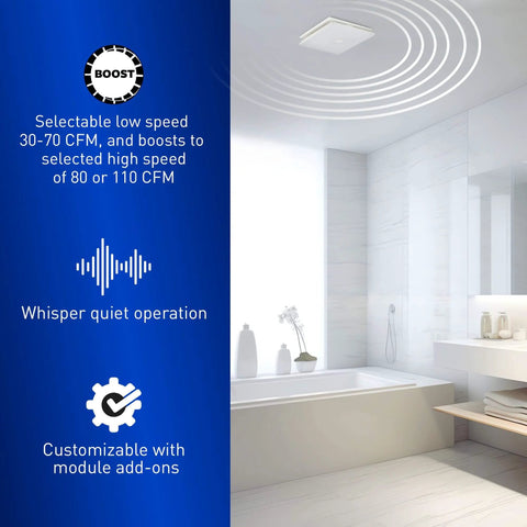 Whisper Quiet Dual Speed Ceiling Exhaust Fan With Designer Grille, Customizable 30 To 110 CFM installed in modern bathroom