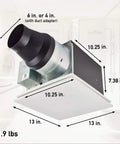 Whisper Quiet Dual Speed Ceiling Exhaust Fan With Designer Grille, Customizable 30 To 110 CFM, Energy Efficient Bath And Laundry Vent, Timed Or Sensor Activated Ventilation, FV-0511VKS3S shown with measurements in bathroom