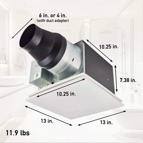 Whisper Quiet Dual Speed Ceiling Exhaust Fan With Designer Grille, Customizable 30 To 110 CFM, Energy Efficient Bath And Laundry Vent, Timed Or Sensor Activated Ventilation, FV-0511VKS3S shown with measurements in bathroom
