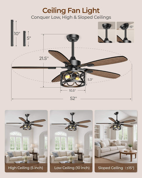 52 Inch Vintage Cage Ceiling Fan with Light and Remote, 5 Blades, flush mount, farmhouse style for various ceiling heights.