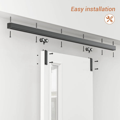 80 Inch Box Rail Sliding Barn Door Hardware Kit With Ceiling Mount For Exterior And Interior Use Heavy Duty Black Aluminum Track System For Single Doors Up To 35.4 Inch Opening And 39.4 Inch Panel Width No Door Included installation view
