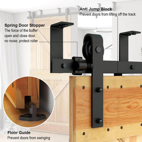 Five Foot Ceiling Mounted Sliding Barn Door Hardware Kit For Wooden Doors with roller bracket, installed on wooden door.