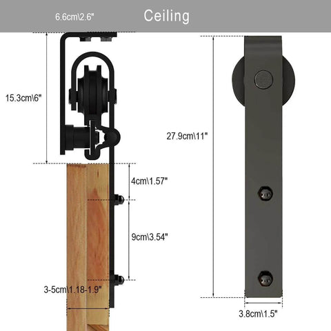 Side view of Five Foot Ceiling Mounted Sliding Barn Door Hardware Kit for Wooden Doors, showing dimensions and roller bracket.