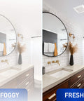 WhisperFit Retrofit Ceiling Mount Bathroom Exhaust Fan With DC ECM Motor, Energy Star, SmartFlow Technology installed, shows foggy vs fresh air effect.