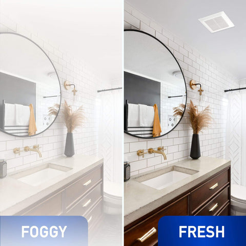 WhisperFit Retrofit Ceiling Mount Bathroom Exhaust Fan With DC ECM Motor, Energy Star, SmartFlow Technology installed, shows foggy vs fresh air effect.