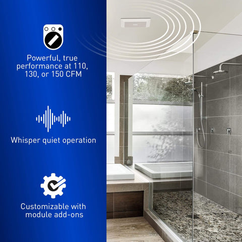 On-Demand Pick-A-Flow Ceiling Mount Exhaust Fan With 110 130 150 CFM, Customizable Airflow Selector For Bathrooms, Laundry Rooms, Sun Rooms, Basements Or Garages, Supports Up To 3 Add-On Modules, FV-1115VK3 Panasonic installed in modern bathroom ceiling