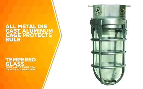Vandal Resistant Ceiling Mount Security Light With Built Tough All Metal Cage Weather Tight Outdoor Fixture 150W Incandescent Bulb