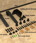 Five Foot Ceiling Mounted Sliding Barn Door Hardware Kit For Wooden Doors, 60 Inch Rail, components layout including brackets.