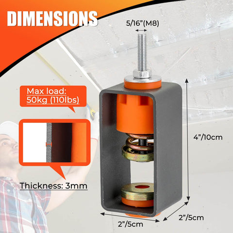 Ceiling spring vibration isolators with reinforced metal plates and thicker damping rubber damp low-frequency HVAC rattles, protect ceilings and improve room quiet. 3mm steel shown with dimensions.