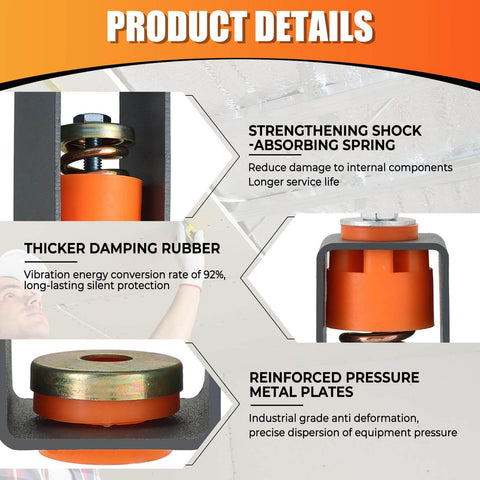 Ceiling spring vibration isolators with reinforced metal plates and thicker damping rubber damp low-frequency HVAC rattles, detail view