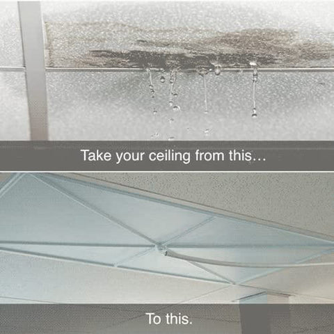 Before and after using the 200 Count Reusable Ceiling Tile Leak Diverter Kit For Drop Ceilings, stopping leaks and protecting tiles.