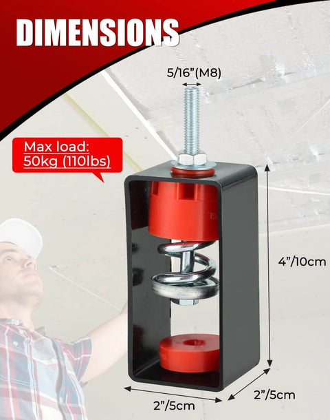 Durable ceiling vibration isolator with steel construction, premium springs, silicone dampers, shown in 4" height dimensions.