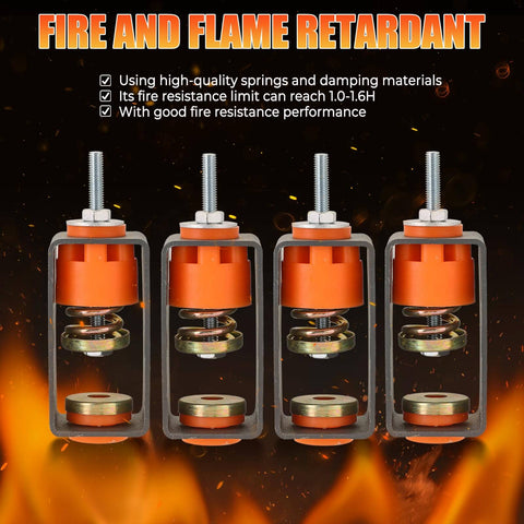 Ceiling spring vibration isolators with reinforced metal plates and thicker damping rubber damp low-frequency HVAC rattles