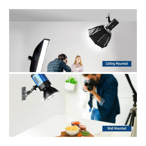 Wall and ceiling mount bracket with five eighth inch stud and 360 degree swivel ball head, showing ceiling and wall mounts in use.