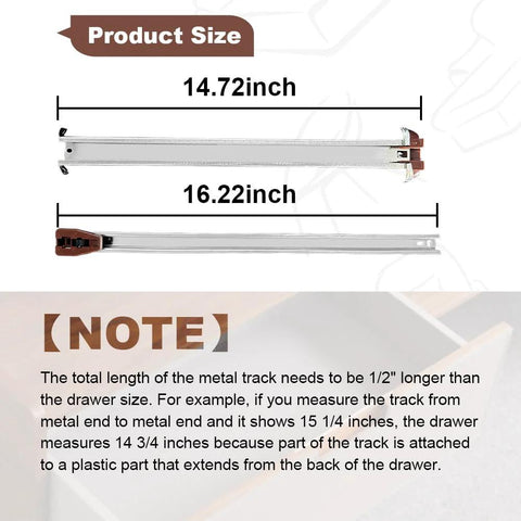 Two Pack Center Track Drawer Slides For Rite Trak II Rails Kit, showing 14.72 inch top and 16.22 inch bottom metal slides with dimensions