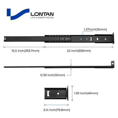 Dimensions of Center Mount Drawer Slides 22 Inch Black 5 Pieces Three Quarter Extension Heavy Duty Glides for Cabinets