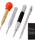 Four Pack 5 Inch and 6 Inch Automatic Center Punch Set with adjustable spring loaded punches, metal engraving pen, tile cutter pen, carry case