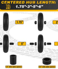 Centered hub length options for wheels: 1.75, 3, 5, and 6 inch nylon spacers displayed on a tire backdrop.