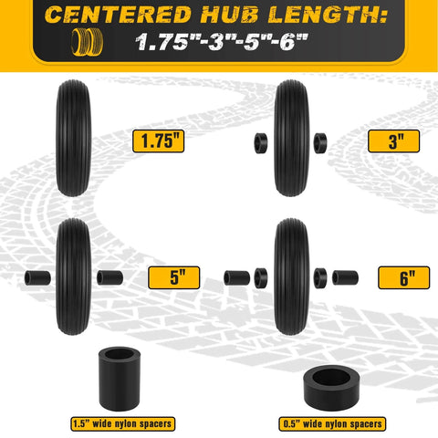 Centered hub length options for wheels: 1.75, 3, 5, and 6 inch nylon spacers displayed on a tire backdrop.