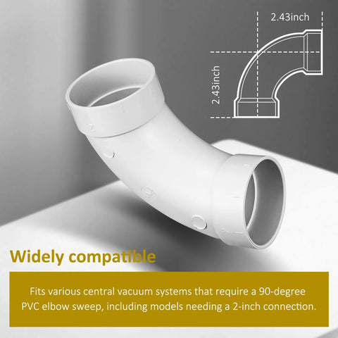 Two Pack Central Vacuum 90 Degree Elbow Fittings for 2 Inch Vacuum Pipe with measurements, shown in white PVC material.