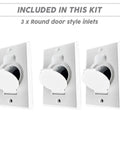 Three white low voltage inlets from the Complete Central Vacuum Fittings Kit With 3 Low Voltage Inlets Excluding Pipes For Universal 2 Inch PVC