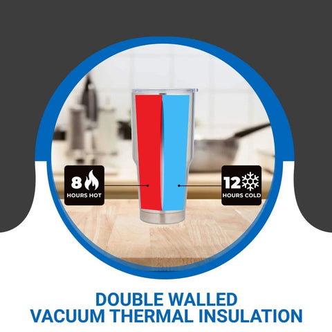 Ceramic Interior 30oz Wine Tumbler With Lid Double Wall Vacuum Insulated for hot and cold drinks, shown with insulation diagram