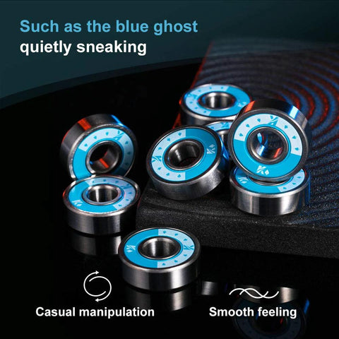 Ceramic 608RS Skateboard Bearings With Chrome Steel Balls ABEC Precision High Speed Low Friction Pro Longboard And Quad Skate Bearings For Inline Skates Scooters And Spinners 8 Pack Blue shown close-up