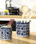 2 Pcs Blue and White Kitchen Utensil Holder 5"+6.1" Ceramic Kitchen Cooking Holder on countertop with utensils and chopsticks