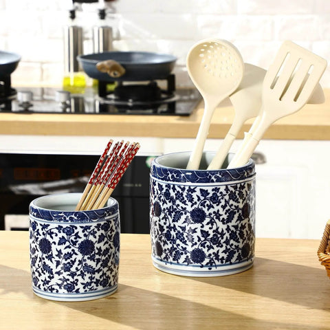 2 Pcs Blue and White Kitchen Utensil Holder 5"+6.1" Ceramic Kitchen Cooking Holder on countertop with utensils and chopsticks