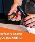 Hands using Mini Ceramic Box Cutter With Retracting Mechanism For Safe Use Zirconium Oxide Blade Lasting About Eleven Times Longer Than Metal Keychain Box Opener Compact Portable Utility Knife For Packages Letters And Gift Wrapping to open food packaging