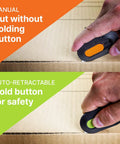 Mini Ceramic Box Cutter With Retracting Mechanism For Safe Use Zirconium Oxide Blade Lasting About Eleven Times Longer Than Metal Keychain Box Opener Compact Portable Utility Knife For Packages Letters And Gift Wrapping, shown cutting cardboard, manual and auto-retractable modes visible.