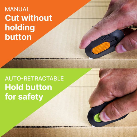 Mini Ceramic Box Cutter With Retracting Mechanism For Safe Use Zirconium Oxide Blade Lasting About Eleven Times Longer Than Metal Keychain Box Opener Compact Portable Utility Knife For Packages Letters And Gift Wrapping, shown cutting cardboard, manual and auto-retractable modes visible.