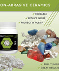 Rock Tumbler Grit And Ceramic Filler Refill Kit with colorful stones and ceramic media, 1.5 lb container visible.