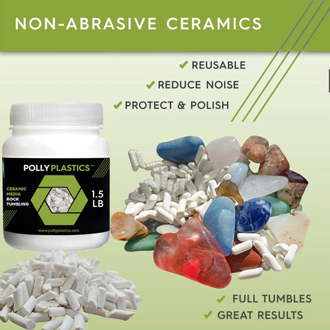 Rock Tumbler Grit And Ceramic Filler Refill Kit with colorful stones and ceramic media, 1.5 lb container visible.