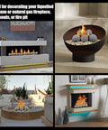 3 Inch Ceramic Fire Balls 15-Pack Round Fire Stones in grey, shown in various fire pits and fireplaces, ideal for indoor and outdoor use.
