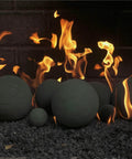 3 Inch Ceramic Fire Balls 20-Pack Modern Accessory for Indoor and Outdoor Fire Pits or Fireplaces – Brushed Concrete Look | Midnight Black with flames in background