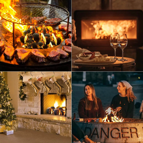 Ceramic Fire Balls for Fire Pit, Set of 12 Round Fire Stones in various indoor and outdoor settings, creating ambient flames.
