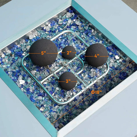 12 Pack Ceramic Balls, Mixed of 4 Size Fireplace Balls, black ceramic balls arranged on glass pebbles in fire pit