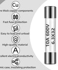 FF10A 600V Fast Blow Ceramic Fuses For Multimeters DMMs 6.3x32 Mm 10 Amp Brass Made Replacement, side view with features
