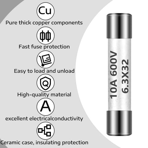 FF10A 600V Fast Blow Ceramic Fuses For Multimeters DMMs 6.3x32 Mm 10 Amp Brass Made Replacement, side view with features