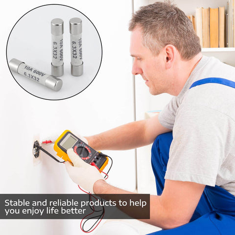 Technician using DMM with FF10A 600V Fast Blow Ceramic Fuses For Multimeters DMMs 6.3x32 Mm visible in inset image.