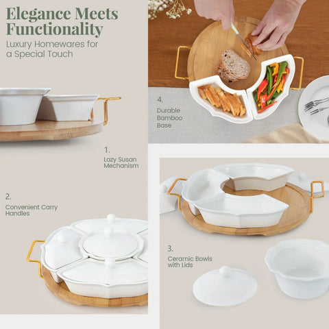 Ceramic Lazy Susan Party Serving Tray With Divided Sections For Appetizers Fruits Veggies And Dip Rotating Serving Tray Set