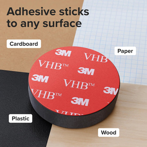 Heavy Duty Ceramic Round Magnets With Adhesive Backing 100 Pack 0.7 x 0.12 In showing adhesive side on various surfaces